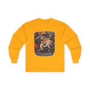 Long Sleeve Tee — Funny Spider Illustration with Caption “Is that a caterpillar or a makeup brush?”
