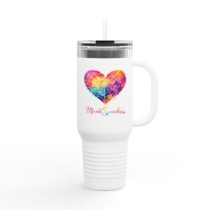 Personalized 40oz Insulated Travel Mug — Colorful Heart Paint Splash with Moonlit Spoodies Logo